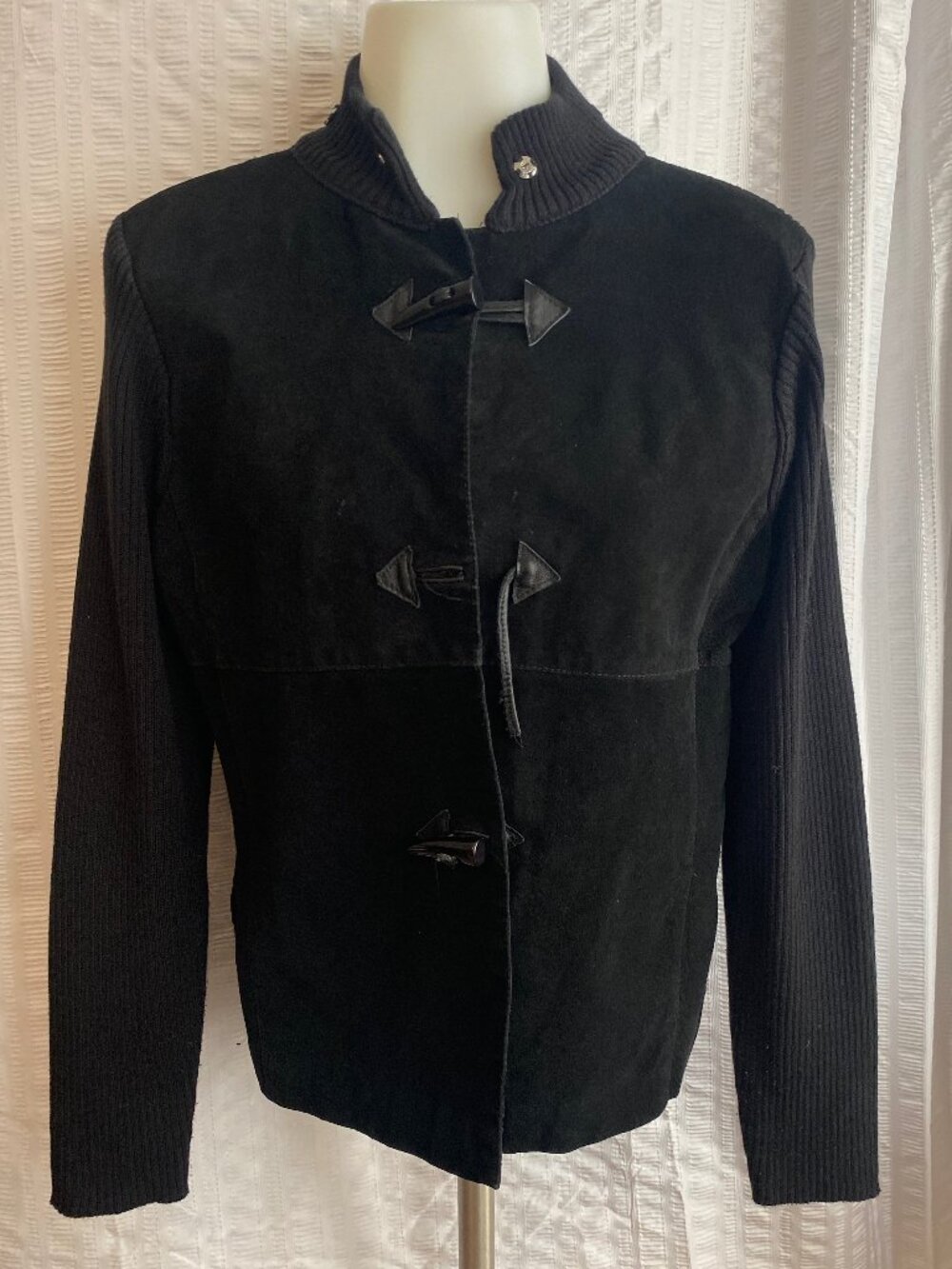 Escapade Black Suede Leather Knit Jacket With Rabbit Fur Toggles